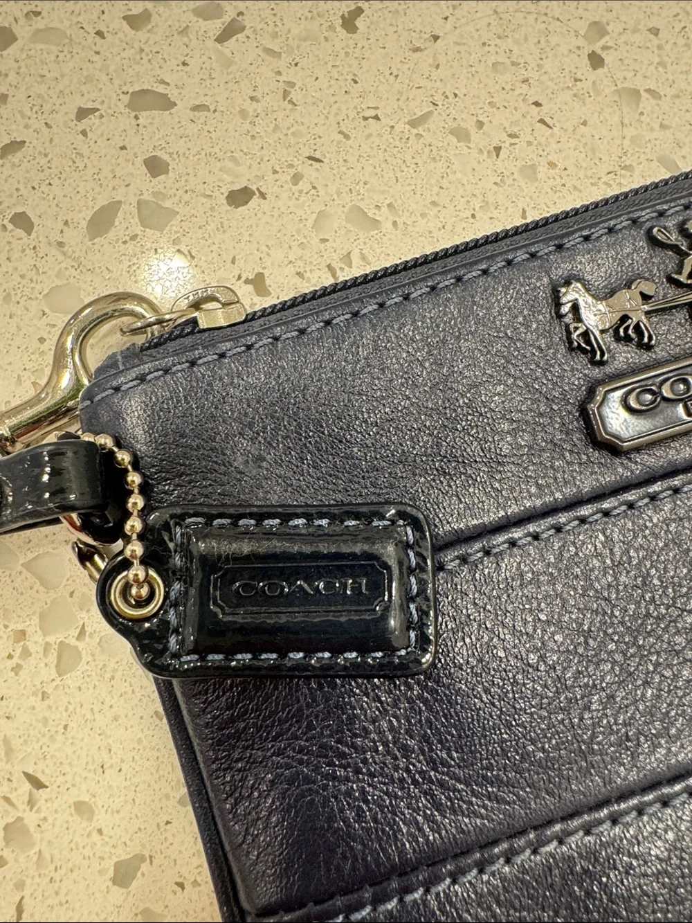 Coach navy Leather Zip Wristlet with Carriage Emblem